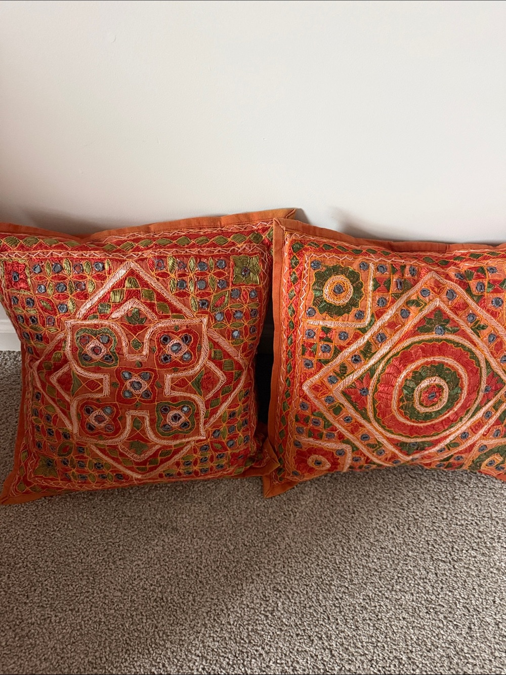 Hand-Embroidered Orange Decorative Throw Pillow with Multicolor Accents
